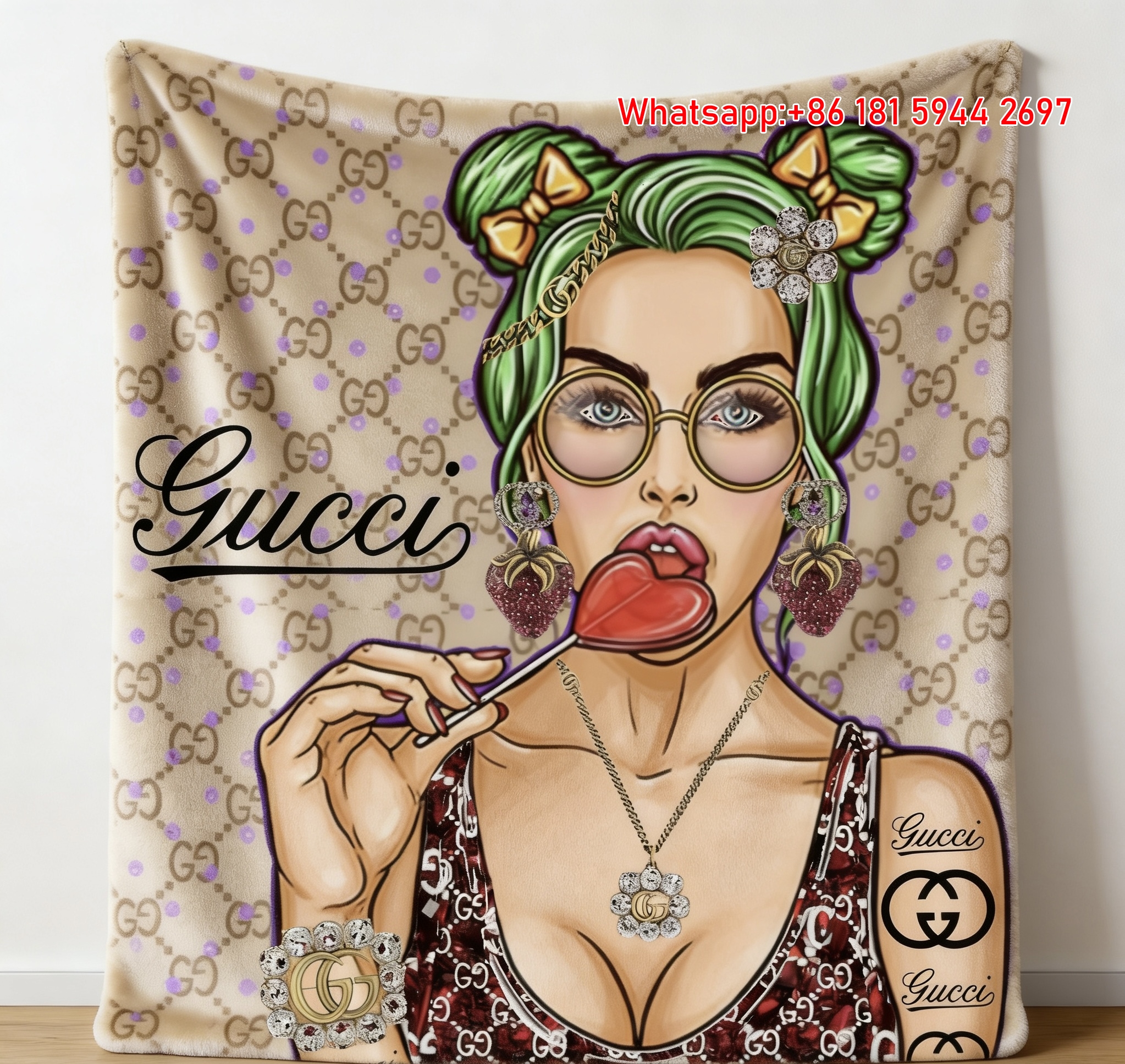Gucci Lollipop Queen Tapestry Green Hair Gucci Babe Throw Blankets IMG_2874